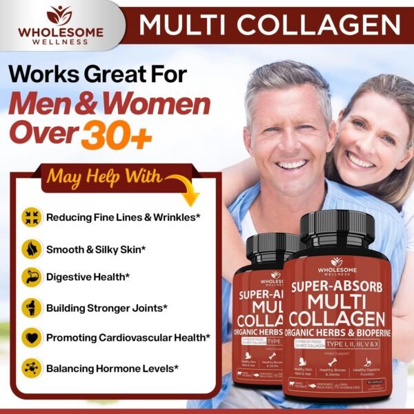 Wholesome Wellness Super-Absorb Multi Collagen Pills (Type I II III V X) Organic Herbs & Bioperine - Hair, Skin, Nails, Joints - Hydrolyzed Peptides Protein Supplement for Women & Men (90 Capsules)