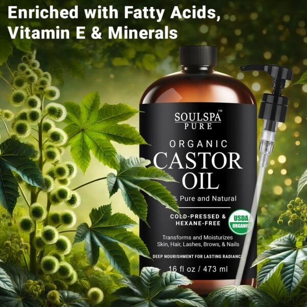 819ad0EvWL._SL1500_.jpg Organic Castor Oil for Hair, Scalp, Skin, Face & Eyelashes | USDA Certified | 100% Pure Castor Oil Organic Cold Pressed Unrefined Glass Bottle, Hexane Free - Soulspa Pure - 16 fl oz