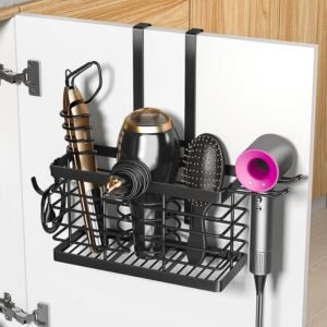 819bakCamAL._AC_SL1500_.jpg Hair Tool Organizer, 3-in-1 Universal Hair Dryer Holder, Adjustable Height Metal Blow Dryer Holder Wall Mounted/Over Cabinet Door/Free-Standing (Black)