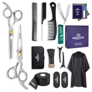 81A1XGEtH8L._SL1500_.jpg Equinox Professional Hair Scissors Set - Pro Barber Kit, Includes Cutting Scissors, Thinning Shears, Straight Razor, 3 Combs, Clips, Grippers - Salon & Barber Supplies, Hair Tools