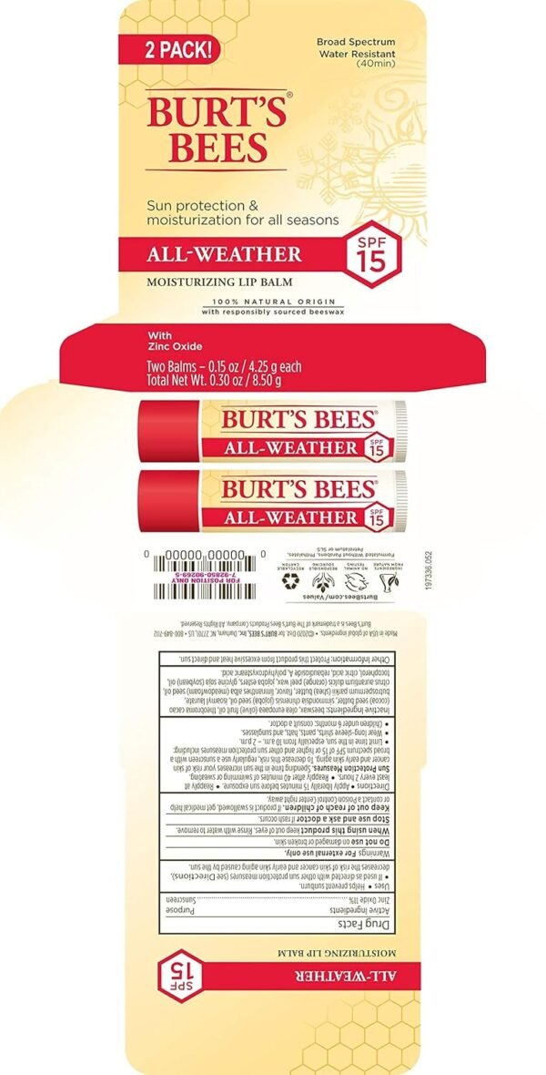 81AI8cWhQ2S._SL1500_.jpg Burt's Bees All Weather SPF 15 Lip Balm, Water-Resistant Lip Moisturizer, Tint-Free, Natural Conditioning Treatment, 2 Tubes, 0.15 oz.