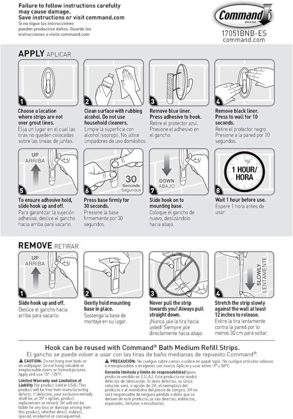 Command Medium Bath Hooks, Holds up to 3 lb, 2 Shower Hooks, 4 Water Resistant Strips, Brushed Nickel Colored, Damage Free Bathroom Organization for Robes, Towels, or Loofahs