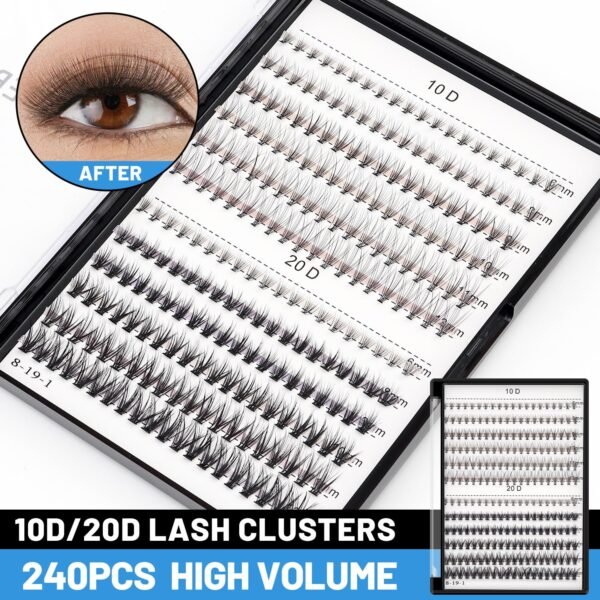 Bodermincer Lash Extension 240pcs C Curl 10D/20D Cluster 8/9/10/11/12mm,10/11/12/13/14mm,12/13/14/15/16mm Mixed Individual Cluster Lashes (10D+20D 8/9/10/11/12mm and Under Eyelashes)