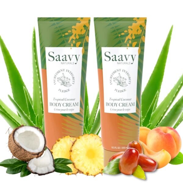 Saavy Naturals Tropical Coconut Body Cream for Men & Women, Absorbent Shea Butter Vegan Formula, Thick and Creamy, Naturally Scented Body Lotion for Dry Skin, 8.5 Oz, 2 Pack. Made in the USA