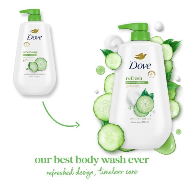 Dove Body Wash with Pump 3 Count Refresh Cucumber and Green Tea for 24hr Lotion-Soft Skin Moisturizing Skin Cleanser with No Sulfates No Parabens