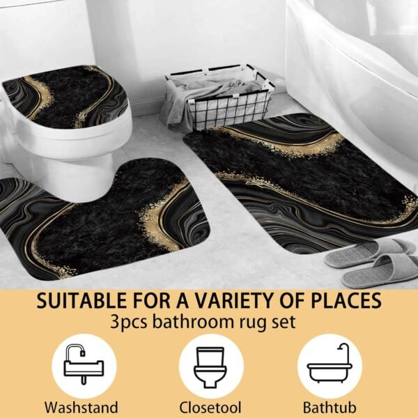beifivcl 4Pcs Luxury Marble Shower Curtain Sets, Bathroom Sets with Shower Curtain, Toilet Lid Rug, Bath Mat and Contour Mat, Shower Curtain with 12 Hooks for Bathroom Set Decor 72 x 72 Inch, Black﻿