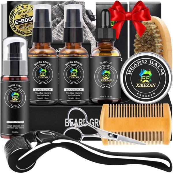 XIKEZAN Beard Kit for Men Grooming & Care Set w/2 Pack Beard Serum, Wash, Oil, Balm, Comb, Brush, Scissor, Bag, EBook, Unique Birthday Gifts for Men Him Dad Husband Brother Christmas Stocking Stuffers