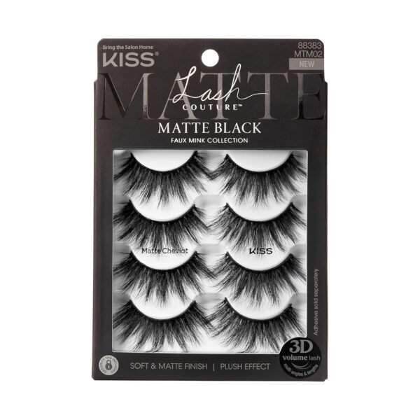 KISS Lash Couture 3D Matte False Eyelashes, 'Matte Cheviot', 18mm-20mm, Includes 4 Pairs Of Lashes, Contact Lens Friendly, Easy to Apply, Reusable Strip Lashes