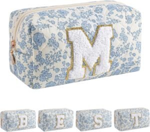 81CA4eMu20L._AC_SL1500_.jpg JOVAKIT Alphabet Makeup Bag Cosmetic Bag for Women, Christmas Gifts for Girls Age 6-18, Floral Flowers Coquette Travel Toiletry Zipper Make Up Pouch Organizer Trendy Stuff (Blue Floral M)