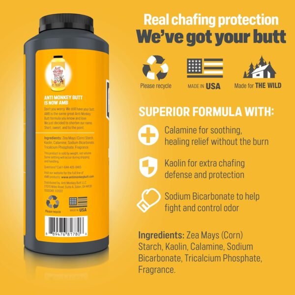 Anti Monkey Butt Body Powder for Women & Men - Anti-Chafing & Anti-Itch Foot Powder with Calamine - Absorbs Sweat & Fights Friction for Thighs, Arms, Chest - Talc-Free Hypoallergenic Formula - 8 oz