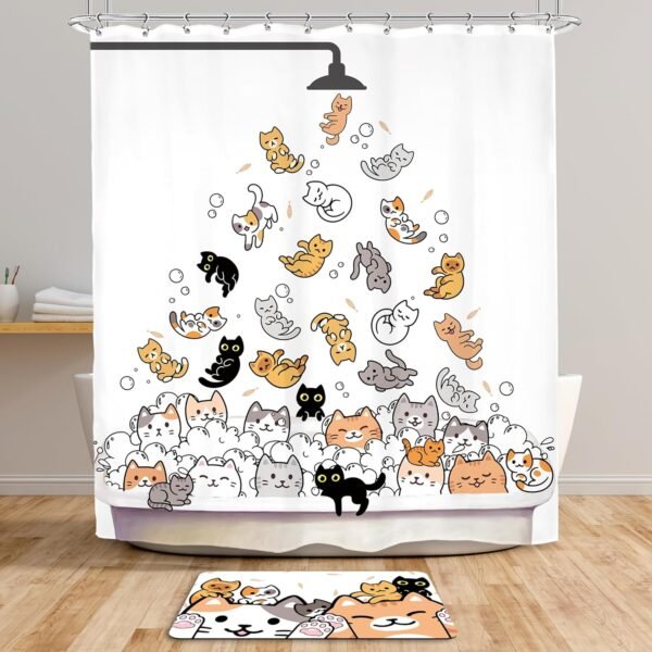 SVBright 2 PCS Shower Curtain Sets with Rug Cute Cat Kids Bathroom Set Nonslip Bathmat Quick Dry Funny Rubber Backed,Dirt Resistant,Bath Rug Mats Washroom Decor Shower Accessories 60Wx72H