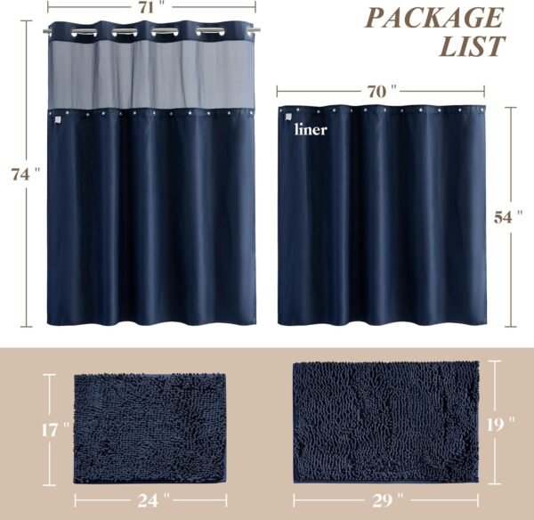 3 Pcs No Hook Navy Blue Shower Curtain Set with Chenille Bath Rugs - 71" x 74" Shower Curtain with Snap-in Fabric Liner & Non-Slip Water Absorbent Bathroom Mats Set Accessories