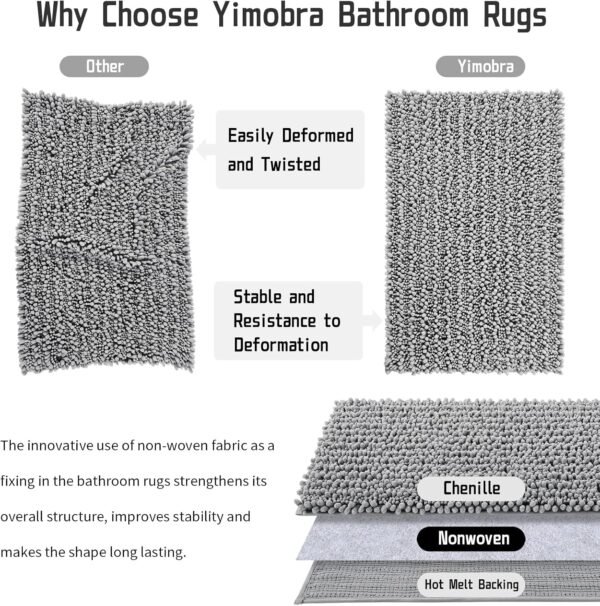 Yimobra Bathroom Rug Mat 24 x 17, Extra Soft Non Slip Absorbent Water Bath Rug, Quick Dry Machine Washable Chenille Shaggy Shower Mat, Bath Mat for Bathroom Floor, Home Decor Accessories, Grey