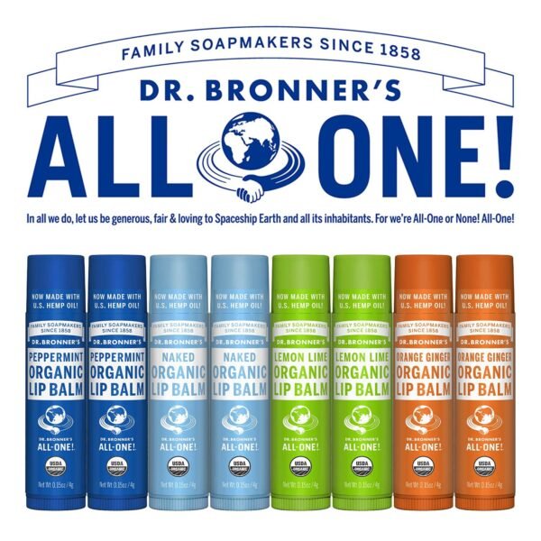 81Dmd3DyUqS._SL1500_.jpg Dr. Bronner's - Organic Lip Balm Variety Peppermint, Orange Ginger, Naked, Lemon Lime) - Made with Organic Beeswax and Avocado Oil, For Dry Lips, Hands, Chin or Cheeks, 0.15 Ounce (Pack of 4)