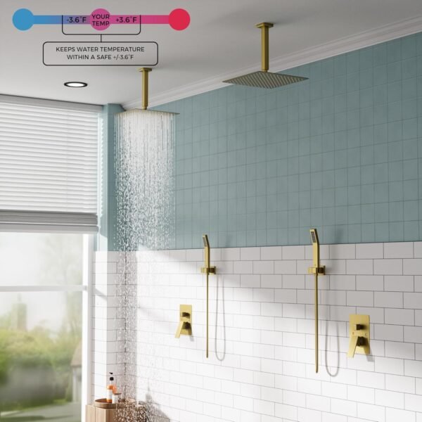 FORIOUS Shower Head System, 12 Inch Rain Shower Faucet Set with Handheld Spray Combo Rough-in Valve, Solid Brass Pressure Balanced Valve Trim Kit, Ceiling Mount, Brushed Gold