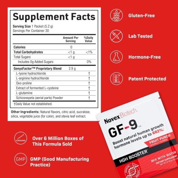 Novex Biotech GF-9 Rapid Dissolve Powder - Anti-Aging Supplements for Men, HGH Booster, Support Energy, Endurance, Sleep, Fruit Punch