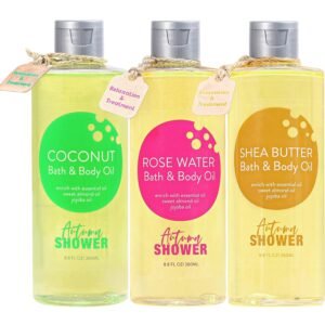 Bath and Body Oil with Sweet Almond Jojoba, Shea Butter, Rose Water, Coconut Bath Oils Mother's Day Gift for Women, Multiuse Oil for Hair Dry Skin 26.4 fl oz (Pack of 3)