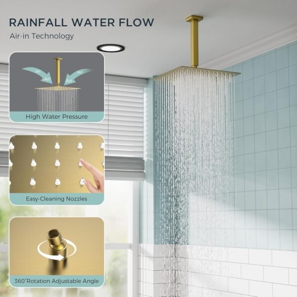 FORIOUS Shower Head System, 12 Inch Rain Shower Faucet Set with Handheld Spray Combo Rough-in Valve, Solid Brass Pressure Balanced Valve Trim Kit, Ceiling Mount, Brushed Gold