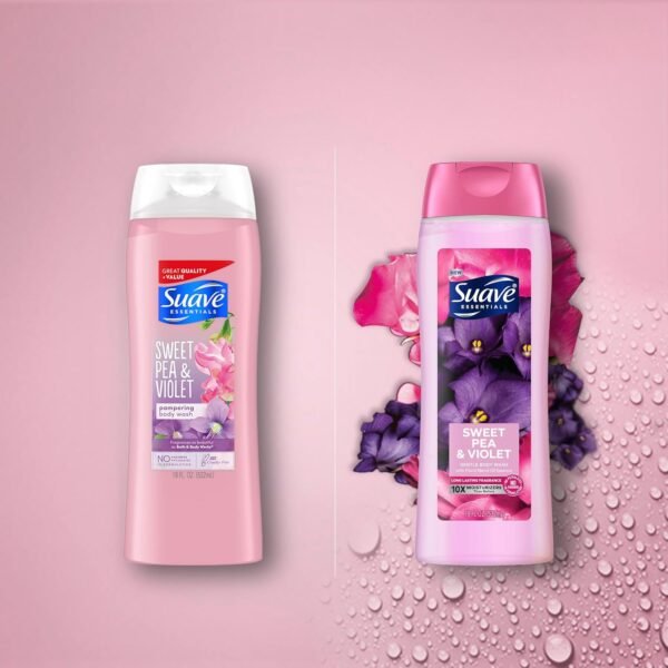 Suave Moisturizing Body Wash, with Sweet Pea Violet and Vitamin E Extract, No Parabens, No Phtahaltes, 18 Fl Oz (Pack of 6)