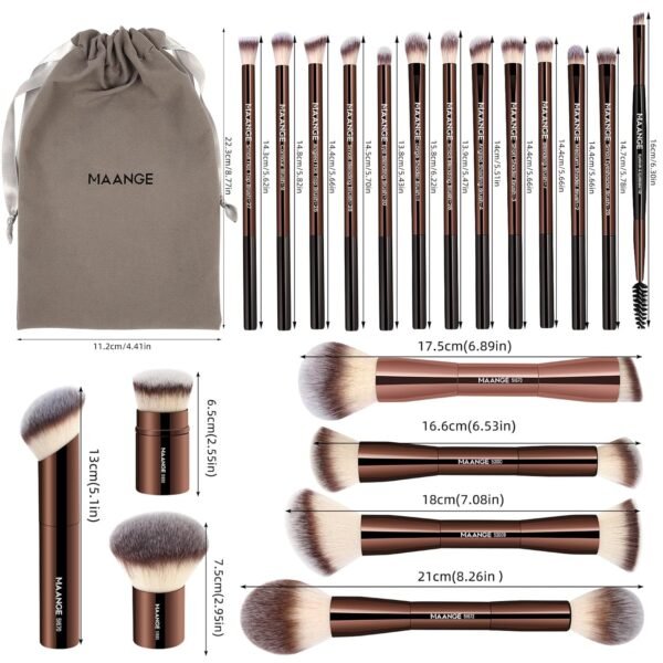MAANGE 20 PCS Foundation Makeup Brush Set, Double-ended Kabuki Contour Brush for Liquid Powder Concealer Blending Blush Face Makeup Tools (Coffee)