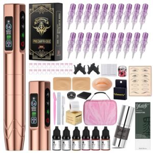 Microblading Kit - Professional Complete Wireless Tattoo Gun Kit with 2Pcs Battery, 20Pcs Needles, Semi-Permanent Makeup Microblading Supply Set for Eyebrow, Lip, Eyeliner (Rose Gold)