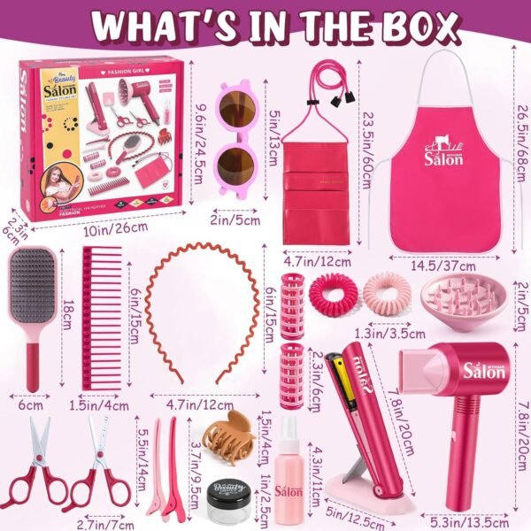 81EoTHgRlmL._AC_SL1500_.jpg G.C Girls Hair Salon Toys Kids Pretend Play Hair Styling Kit with Realistic Blow Dryer Straightener Stylist Apron Scissors Accessories Beauty Makeup Set Birthday Gifts for Toddler Girls 3 4 5 6+