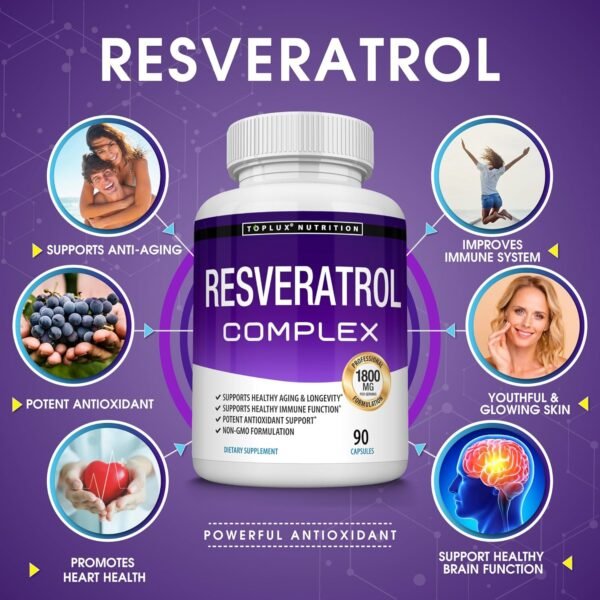81F-TF6teqL._AC_SL1500_.jpg Resveratrol Supplement 1800 mg Antioxidant Complex - Highly Potent Natural Trans-Resveratrol Pills for Healthy Aging, Overall Health Support, Immune System, Brain Function, for Men Women, 90 Capsules