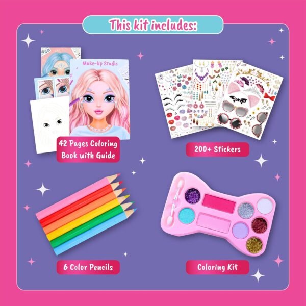 BSCOOL Make-up Artist. 3 in 1 Fun Makeup, Sticker, Coloring Kit, Includes Color Pencils, Makeup Palette, and 200+ Stickers. for Girls Ages 5,6,7,8. Gift for Girls