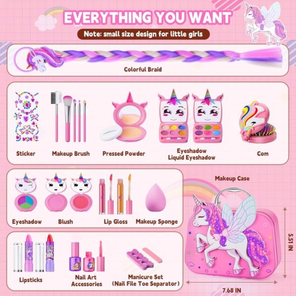 Kids Makeup Kit for Girl - Kids Makeup Girl Toys with Flying Horse Storage Case, Girl Makeup Sets Kids Toys Kids Play Makeup Set for Girls Christmas Birthday Gift Toys 3-12 Years Old Girl