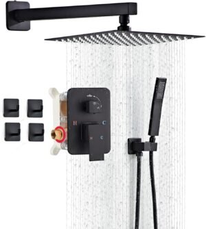 Shower Faucet Set, Matte Black Rainfall Shower System Complete Wall Mounted for Bathroom with 8 Inch Square Shower Head and Handheld Shower Head Rain Mixer Combo Set