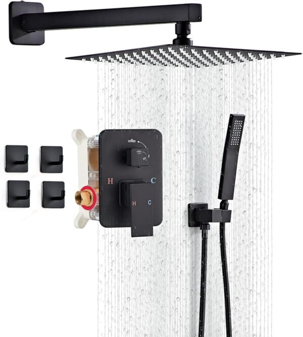 Shower Faucet Set, Matte Black Rainfall Shower System Complete Wall Mounted for Bathroom with 8 Inch Square Shower Head and Handheld Shower Head Rain Mixer Combo Set
