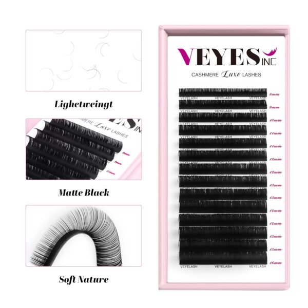 VEYES INC Cashmere Luxe Lashes - Tapered Tips Volume Lash Extension Trays B/C/CC/D/M/J Curl, 0.03-0.05, 8-17mm | Matte Black Professional Eyelash Supplies for Lash Techs (0.03 D 8-16mm)