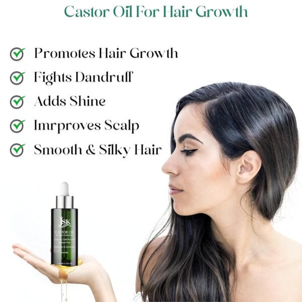 81GDspw2sL._SL1500_.jpg JSK Organic Castor Oil for Hair Growth, Eyelash Serum, USDA Certified Cold-Pressed Unrefined Hair Oil, 100% Pure Hexane-Free, 3.3 Oz Glass Bottle with Bonus Silk Hair Bonnet