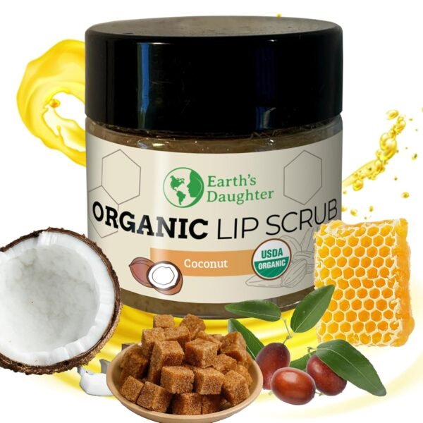 81GFhmUvo9L._SL1500_.jpg Earth's Daughter Organic Coconut Lip Scrub 0.7 oz - USDA Organic, Fair Trade, Sugar, Jojoba Oil, Beeswax, Coconut Oil, Calendula Extract