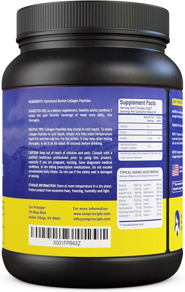 81GG-wKXenL._AC_SL1500_.jpg Zen Principle Grass-Fed Collagen Peptides 1.5 lb. Anti-Aging Hydrolyzed Protein Powder for Healthy Hair, Skin, Joints & Nails. Paleo and Keto Friendly, GMO and Gluten Free, Pasture-Raised Bovine.