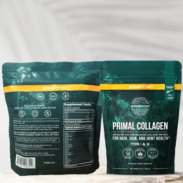 Primal Harvest Collagen Powder for Women or Men Primal Collagen Peptides Powder Type I & III, 10 Oz Collagen Protein Powder for Hair, Skin, Nails (Single, Original)