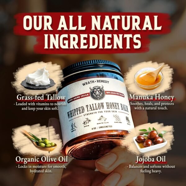 81GVJal90ML._SL1500_.jpg Wrath & Remedy Handmade Whipped Organic Beef Tallow for Skin - 4 OZ (Unscented) — Grass Fed Beef Tallow Moisturizer and Honey Balm for Silky, Sensitive-Skin, Eczema, Rosacea - Free of Harsh Chemicals