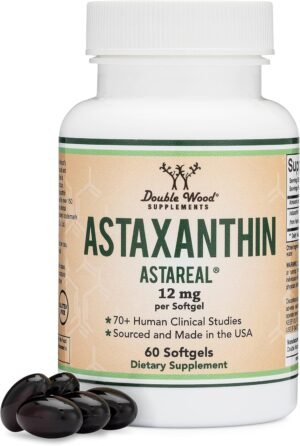 Astaxanthin 12mg Max Strength (Only Patented Astaxanthin (Astrareal) with 70+ Human Clinical Trials - World's Most Studied Brand) Grown, Harvested, and Made in The USA (Astaxantina) by Double Wood