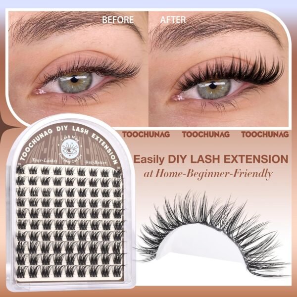 Wispy Lash Clusters Natural Cluster Eyelash Extensions D Curly Individual Lashes Volume False Eyelash Clusters 10-16mm Soft Lashes Clusters with Thin Band DIY Lash Extension at Home by TOOCHUNAG