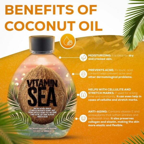 Vitamin Sea Natural Bronzer Tanning Lotion with Coconut Oil, DHA-Free for Sensitive Skin, Streak-Free Bronzing Accelerator 13.5oz - Safe for Indoor Tanning Beds