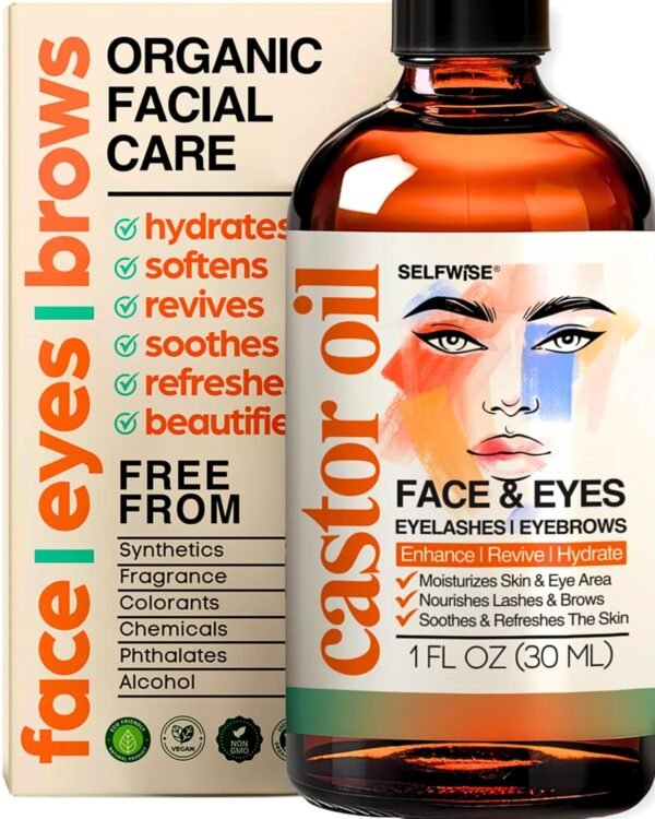 81HK36qdiqL._SL1500_.jpg Organic Castor Oil For Face Moisturizer, Eyes, Eyelashes, Eyebrows, Wrinkles with Jojoba, Rosehip, Grapeseed, Squalane, Palmarosa, Bergamot and Vitamin E for Gentle Skin, Men & Women 1oz
