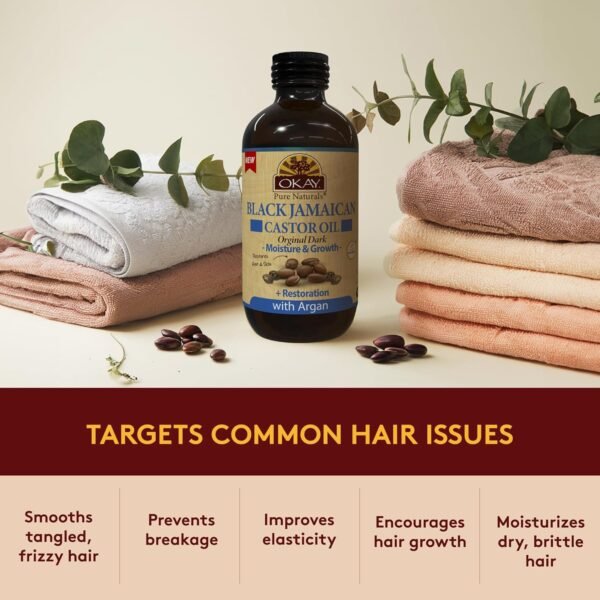 81HPD91u1dL._SL1500_.jpg OKAY Pure Naturals Black Jamaican Castor Oil with Argan Oil - Castor for Hair Health, Moisture for Skin, Face, Scalp, Eyelashes, Eyebrows, for Men & Women - 4 Fl Oz Glass Bottle (1 Pack)
