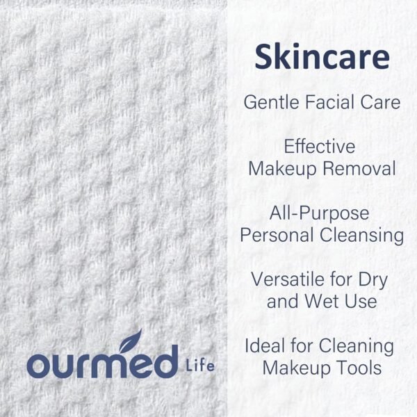 Ourmed Life Face Towels, Disposable Biodegradable Clean Facial Towels for Sensitive Skin, Lint- free Face Cloths for Makeup Remover, Skincare and Women Cleaning, Dry Wipes,100 Count Dot Texture