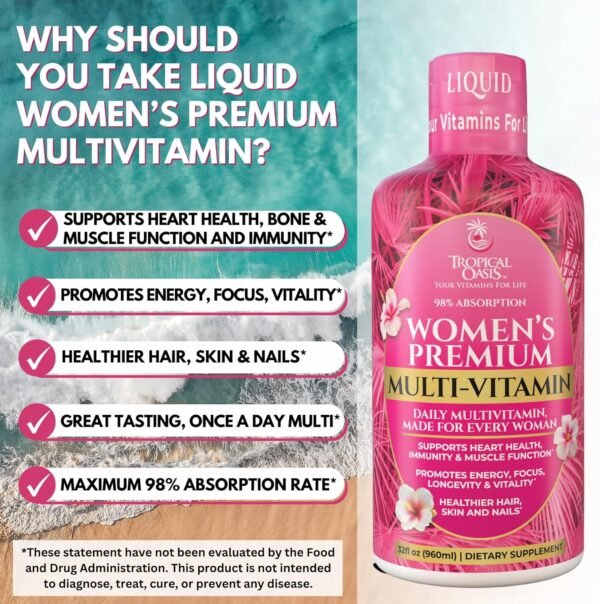 81Hax7p0jiL._AC_SL1500_.jpg Premium Liquid Multivitamin for Women | Sugar Free Women’s Multivitamin | 100+ Vitamins, Minerals & Herbs Promote Anti-Aging, Heart, Brain & Bone Health |98% Absorption Rate | Non-GMO | 32 Serv