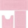 SHACOS Soft Fluffy Bathroom Runner Rugs Set of 3 Bath Mats with U Shape Toilet Rugs Non Slip Washable Bath Rugs Absorbent Bathroom Carpet for Shower Tub, Pink