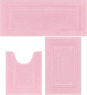 SHACOS Soft Fluffy Bathroom Runner Rugs Set of 3 Bath Mats with U Shape Toilet Rugs Non Slip Washable Bath Rugs Absorbent Bathroom Carpet for Shower Tub, Pink