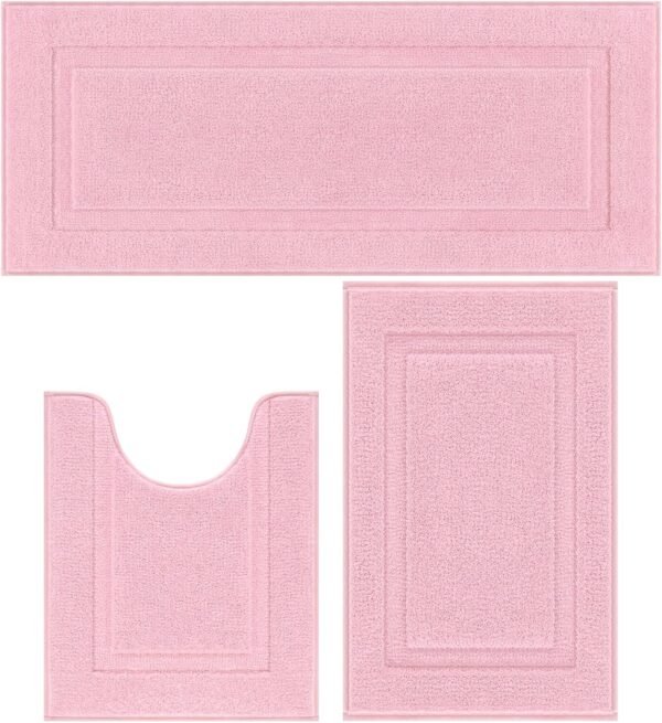 SHACOS Soft Fluffy Bathroom Runner Rugs Set of 3 Bath Mats with U Shape Toilet Rugs Non Slip Washable Bath Rugs Absorbent Bathroom Carpet for Shower Tub, Pink