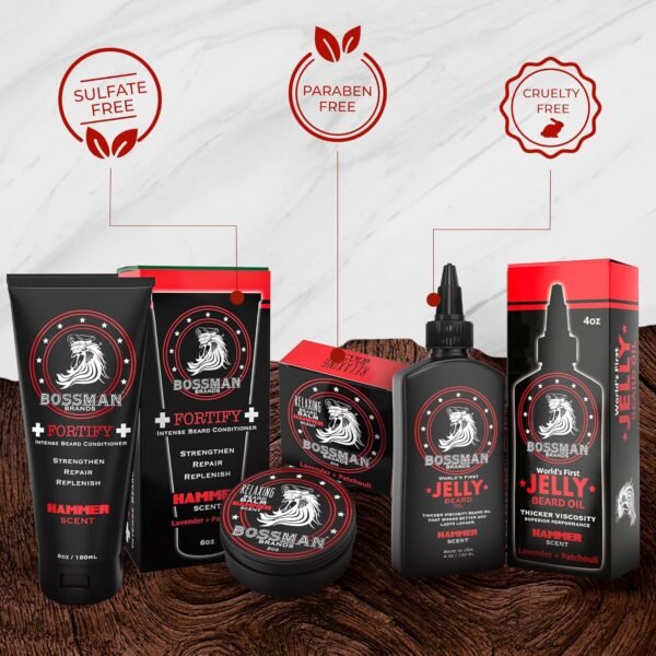 Bossman Essentials Beard Kit - Made in USA - Jelly Beard Oil - Conditioner - Beard Balm - Natural Ingredients (Hammer Scent)