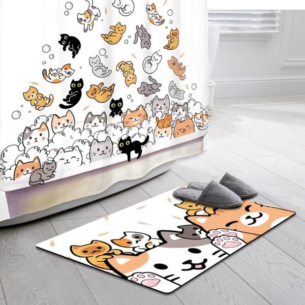SVBright 2 PCS Shower Curtain Sets with Rug Cute Cat Kids Bathroom Set Nonslip Bathmat Quick Dry Funny Rubber Backed,Dirt Resistant,Bath Rug Mats Washroom Decor Shower Accessories 60Wx72H