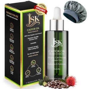 81J1GF-JltL._SL1500_.jpg JSK Organic Castor Oil for Hair Growth, Eyelash Serum, USDA Certified Cold-Pressed Unrefined Hair Oil, 100% Pure Hexane-Free, 3.3 Oz Glass Bottle with Bonus Silk Hair Bonnet
